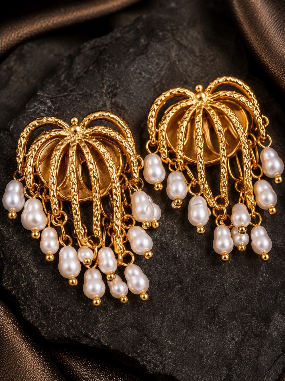 Gold Hoop Earrings with White Pearl Drops - Picture 4 of 8